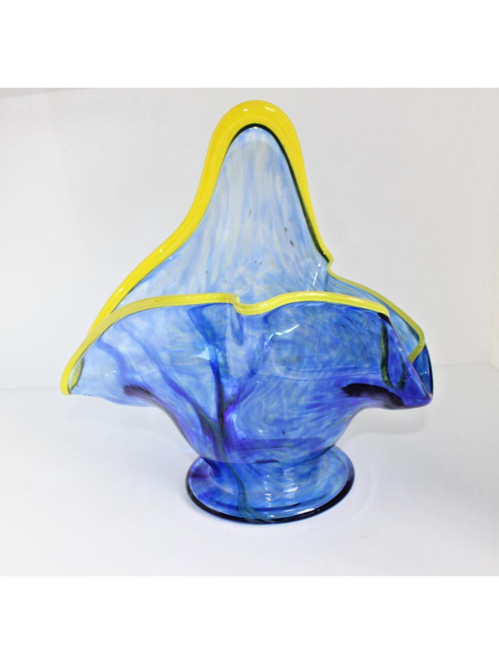 Vintage Blue Yellow Murano Style Hand Blown Glass Handkerchief Bowl Vase 10"Tall